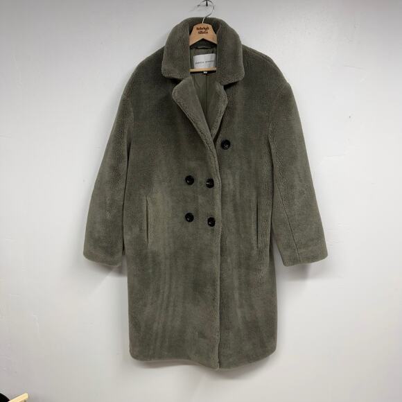 Rebecca Minkoff Wool Double Breast SZ LARGE Oversized Faux Fur Teddy Coat Green - Picture 10 of 10